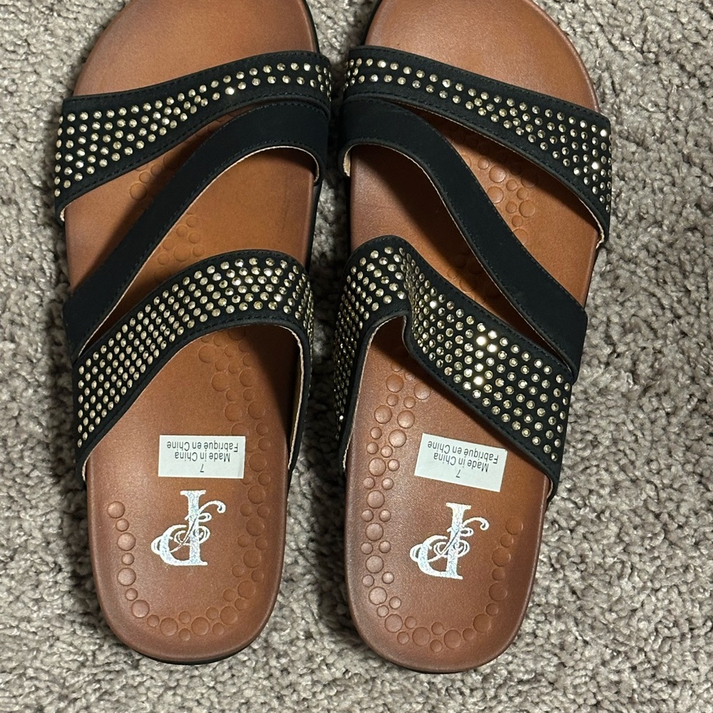 Black and Gold Embellished Sandals with Rhinestone Straps